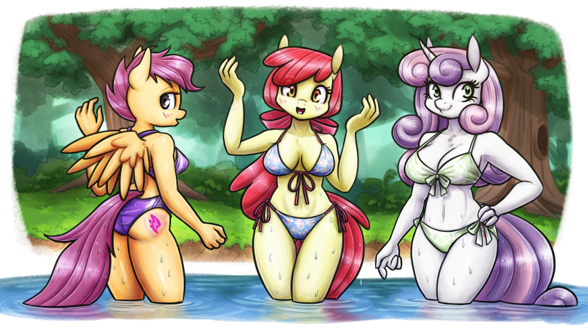 16:9 2021 4_fingers accessory aged_up anthro apple_bloom_(mlp) bikini breasts butt butt_pose chest_tuft cleavage clothed clothing cutie_mark cutie_mark_crusaders_(mlp) earth_pony equid equine eyebrow_through_hair eyebrows eyelashes feathered_wings feathers female fingers friendship_is_magic front-tie_bikini fur green_eyes group hair hair_accessory hair_bow hair_ribbon hand_on_hip hasbro hi_res horn horse king-kakapo long_hair looking_at_viewer mammal my_little_pony navel one-piece_swimsuit open-back_swimsuit open_mouth orange_body orange_eyes orange_fur outside partially_submerged pegasus pink_hair plant pony pose purple_eyes purple_hair purple_tail raised_hand red_hair red_tail ribbons scootaloo_(mlp) short_hair side-tie_bikini smile smiling_at_viewer sweetie_belle_(mlp) swimwear thigh_gap translucent translucent_hair tree triangle_bikini trio tuft unicorn water wet white_body white_fur widescreen wings yellow_body yellow_fur