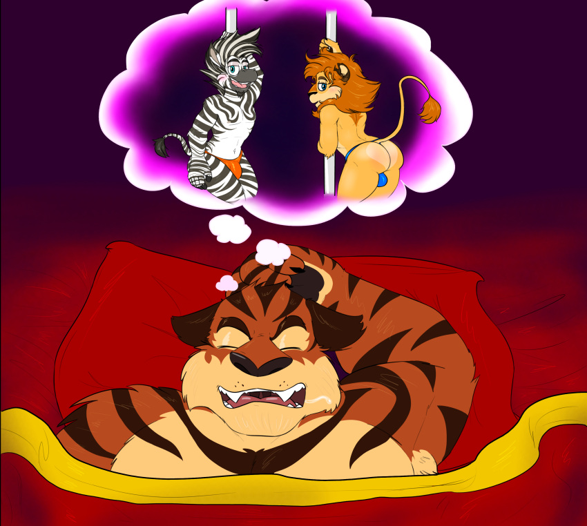 absurd_res alakay_alex anthro arched_back athletic bed bedding bedroom biceps black_stripes blanket blue_eyes blush bodily_fluids bulge butt claws clothed clothing countershading dancing detailed_bulge dream dreamworks drooling duo_focus equid equine fangs felid fur furniture genital_outline group hair half-closed_eyes handpaw hi_res lion looking_back madagascar_(series) male mammal mane marty_the_zebra mohawk muscular muscular_male narrowed_eyes nood1e notched_ear on_bed orange_body orange_fur orange_hair pantherine pawpads paws pecs penis_outline pillow pole pole_dancing presenting presenting_hindquarters raised_tail saliva skimpy sleeping slim smile striped_body stripes stripper stripper_pole tail_tuft teeth thong tiger topless topless_male tuft under_covers underwear vitaly_the_tiger white_body white_fur yellow_body yellow_fur zebra