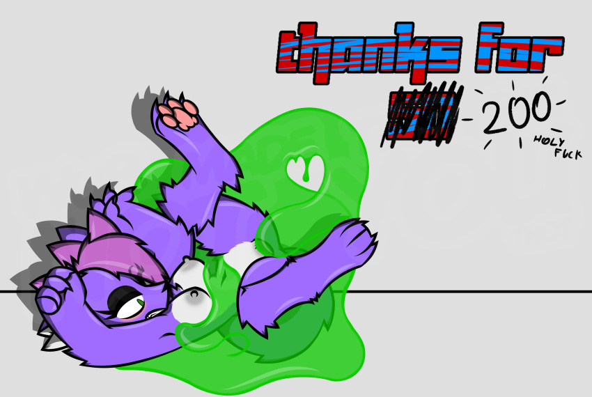 absurd_res angry anthro betilla_zanders_(wub) blush breasts claws domestic_cat felid feline felis female fur gaping gaping_pussy genitals green_eyes green_slime hair hi_res legs_up long_tail lying mammal nipples nude on_back pawpads paws penetration pink_hair profanity purple_body purple_fur pussy simple_background slime solo text vaginal vaginal_penetration watermark white_body white_fur wub_(artist)