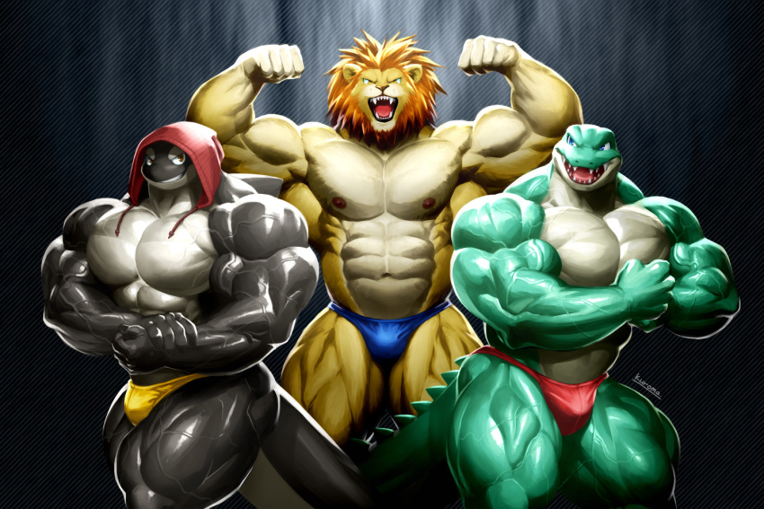 3:2 abs anthro big_muscles biped black_body black_skin black_tail blue_clothing blue_eyes blue_swimming_trunks blue_swimwear brown_eyes cetacean clothed clothing countershade_face countershade_fur countershade_neck countershade_skin countershade_tail countershade_torso countershading delphinoid digital_media_(artwork) digital_painting_(artwork) fangs featureless_chest felid flexing fur glistening glistening_arms glistening_body glistening_eyes glistening_fur glistening_hair glistening_legs glistening_mane glistening_skin green_body green_skin green_tail hair hoodie huge_muscles kuroma lion lizard looking_aside looking_at_another looking_at_viewer male mammal mane marine muscular muscular_anthro muscular_male navel nipples oceanic_dolphin open_mouth orange_mane orca pantherine pecs portrait pose red_clothing red_swimming_trunks red_swimwear reptile scalie shaded sharp_teeth signature simple_background soft_shading standing swimming_trunks swimwear teeth three-quarter_portrait tongue toothed_whale topless topwear trio two_tone_tail veiny_muscles white_body white_fur white_skin white_tail yellow_body yellow_clothing yellow_eyes yellow_fur yellow_swimming_trunks yellow_swimwear