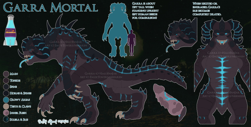 absurd_res bethesda_softworks bioluminescence deathclaw emzietowers english_text fallout feral garra_mortal_(halofanjak) glowing hi_res male model_sheet nuka-cola nuka-cola_quantum quantum_deathclaw_(fallout) reptile scalie solo text video_games