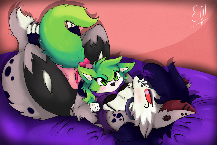 3_toes anthro barefoot bed black_nose blush breasts canid canid_demon canine canis class_zero claws clothed clothing collar cuddling cute_expression demon digital_media_(artwork) duo e-01 feet female female/female fur furniture green_body green_eyes green_fur grey_body grey_fur hair hellhound hellverse hi_res inclementia love lying mammal multicolored_body multicolored_fur on_bed piercing purple_body purple_fur purple_hair red_sclera scarf simple_background toes two_tone_body two_tone_fur white_body white_fur wolf zero_one