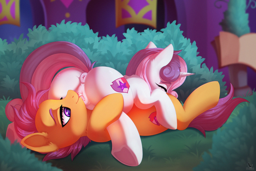 2021 69_position anus butt cunnilingus cutie_mark digital_media_(artwork) dinoalpaka duo equid equine eyebrows eyes_closed female feral friendship_is_magic genitals hasbro hi_res hooves horn lying mammal my_little_pony on_back oral outside pussy scootaloo_(mlp) sex smile sweetie_belle_(mlp) tongue tongue_out underhoof unicorn vaginal young