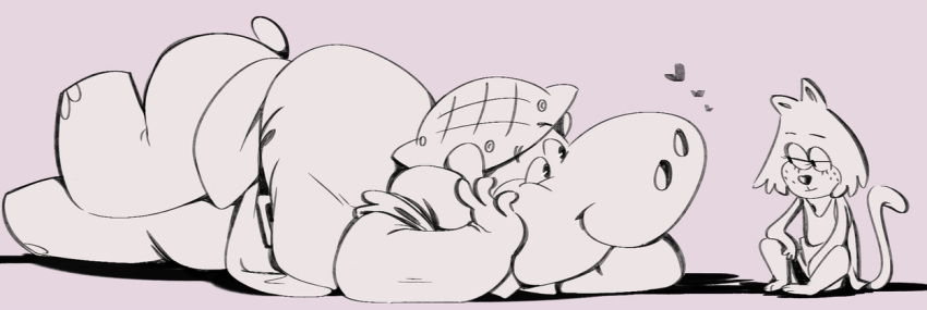 &lt;3 2021 anthro clothed clothing common_hippopotamus domestic_cat duo felid feline felis hanna-barbera hippopotamid jellystone_(hbo_max) male mammal overweight overweight_male peter_potamus simple_background sitting size_difference the_peter_potamus_show top_cat_(series) unknown_artist