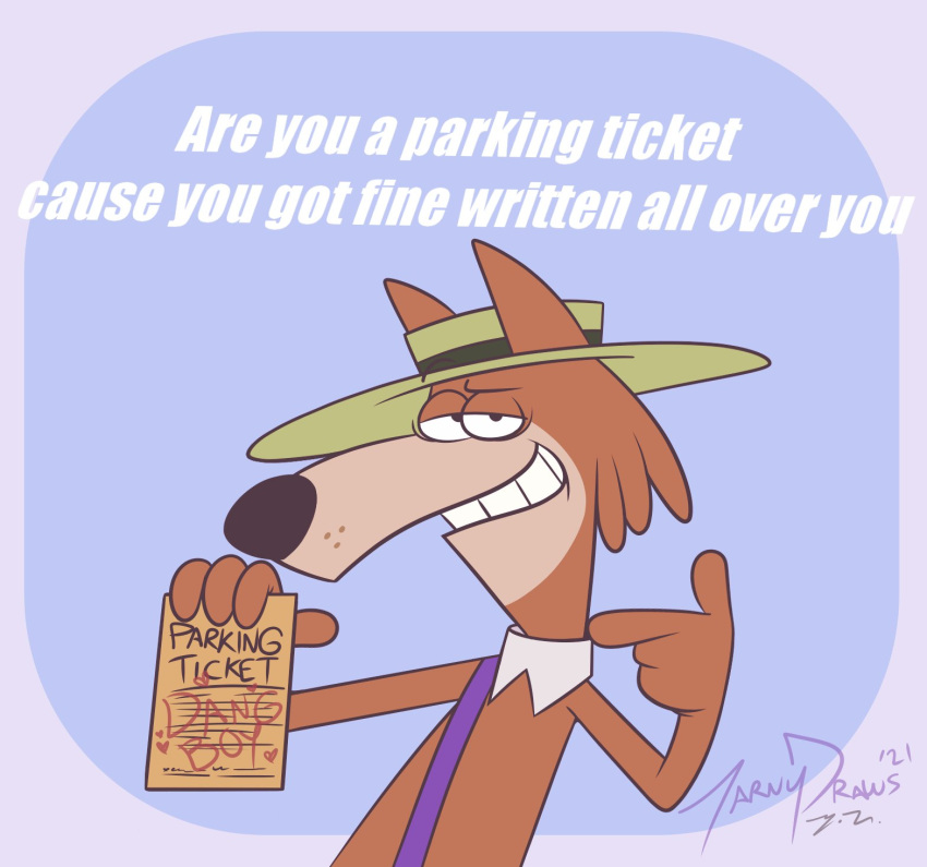 2021 anthro biped brown_body canid canine canis clothed clothing english_text hanna-barbera hat headgear headwear hi_res humanoid_hands it's_the_wolf jellystone_(hbo_max) male mammal mildew_wolf simple_background solo tarnydraws text wolf