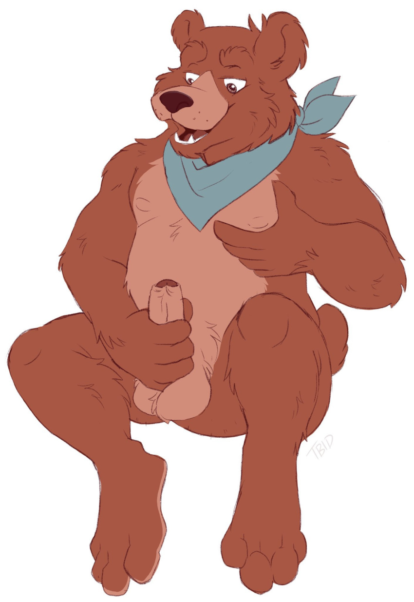 anthro balls bandanna bandanna_on_neck bandanna_only chest_grab erection foreskin fur genitals hand_on_chest hand_on_penis hi_res humanoid_genitalia kerchief kerchief_only little_bear male mammal masturbation mostly_nude mostly_nude_anthro mostly_nude_male multicolored_body multicolored_fur open_mouth overweight overweight_male penis solo tbid teeth two_tone_body two_tone_fur uncle_rusty_(little_bear) uncut ursid