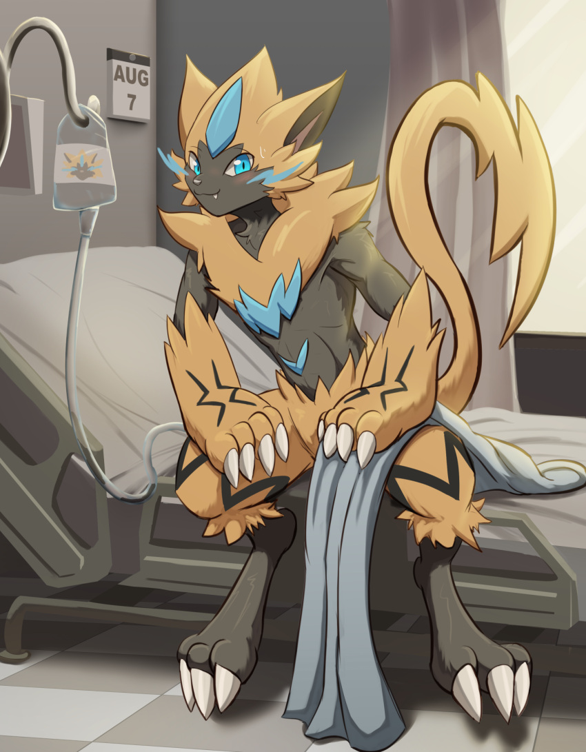 2021 3_toes 4_fingers after_transformation anthro bed bedding black_body black_fur blanket blue_body blue_fur blush bodily_fluids cheek_tuft claws digitigrade facial_tuft fangs feet felid feline finger_claws fingers floor fur furniture hi_res hospital_bed inside intravenous_bag legendary_pok&eacute;mon looking_at_viewer male mammal nintendo pok&eacute;mon pok&eacute;mon_(species) shaded shadow sitting solo sweat tile tile_floor toe_claws toes toshabi tuft video_games white_claws window yellow_body yellow_eyes yellow_fur zeraora
