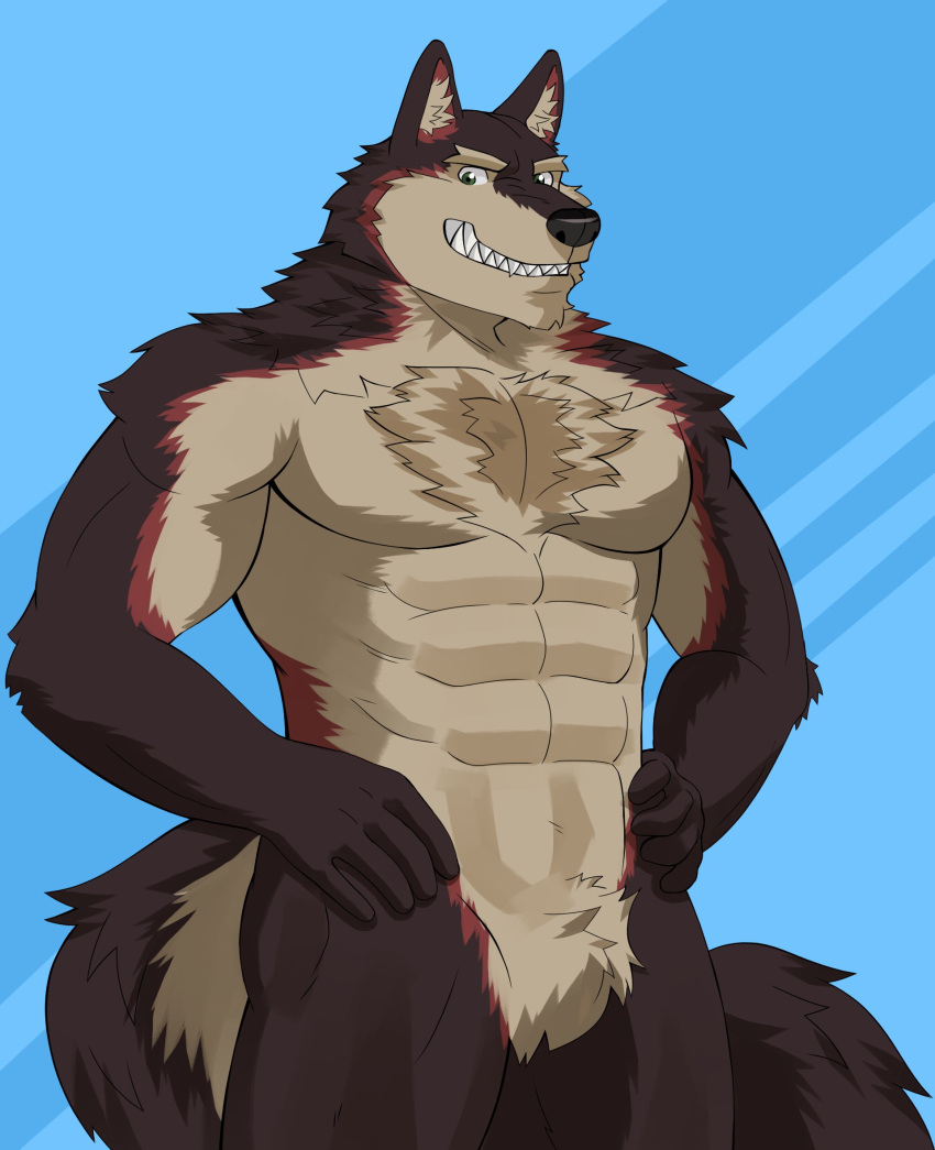 2021 anthro canid canine canis chest_tuft digital_media_(artwork) fur hi_res male mammal multicolored_body multicolored_fur muscular muscular_anthro muscular_male naikuma nude simple_background solo tuft wolf