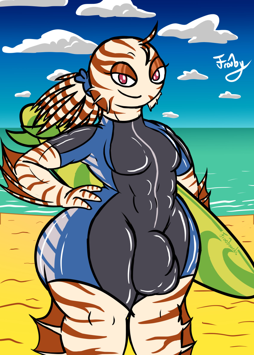 abs absurd_res accessory anthro beach big_chest brown_body brown_markings bulge clothed clothing clothing_bulge cloud cloudscape detailed_background digital_media_(artwork) eyeshadow fin frooby glistening glistening_clothing hair hair_accessory hair_bow hair_ribbon hand_on_hip hi_res lionfish looking_at_viewer makeup male markings muscular muscular_male one-piece_swimsuit outside ponytail ribbons seaside skintight_clothing sky smile solo spines striped_body stripes surfboard swimwear tan_body thick_thighs tight_clothing water wetsuit