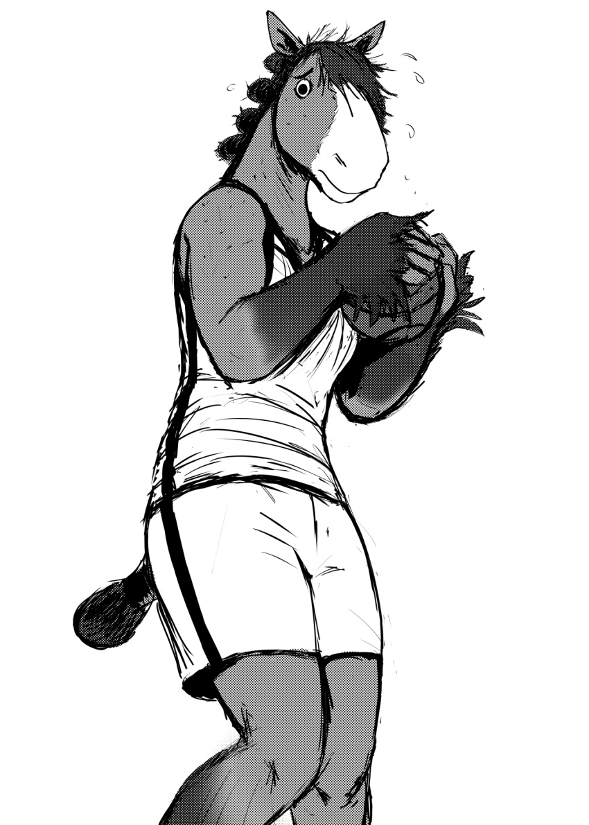 2021 anthro ball basketball basketball_(ball) basketball_uniform bodily_fluids bottomwear clothing clydesdale draft_horse equid equine female hi_res hladilnik horse looking_at_viewer mammal monochrome nervous shorts solo sportswear sweat tinker_(hladilnik) uniform