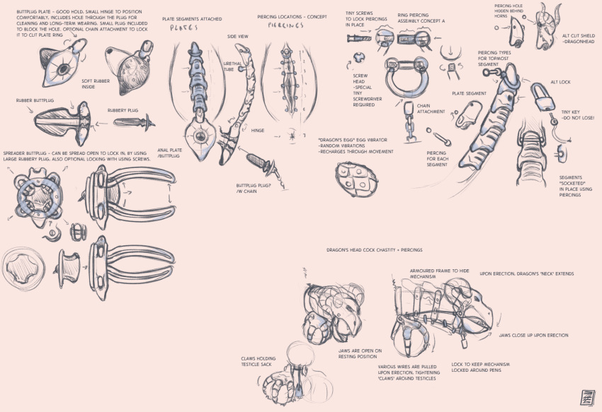 2018 anal anal_penetration anal_speculum bdsm bondage_gear buttplug chain chastity_cage chastity_device chastity_piercing claws clitoris clitoris_piercing cock_and_ball_torture contraption_concept diagram egg_vibrator english_text frenum_ladder frenum_piercing genital_piercing genital_torture genitals gential_piercing hi_res humanoid_genitalia humanoid_penis labia_piercing lock nipple_piercing nipples padlock penetration penis penis_piercing piercing plug_(sex_toy) pussy pussy_piercing pussy_sounding restraints s-nina schematic screw screws sex_toy sex_toy_in_ass sex_toy_insertion signature sounding_rod speculum stylized_chastity_cage talons text urethral urethral_sound vaginal_vibrator vibrator watermark zero_pictured