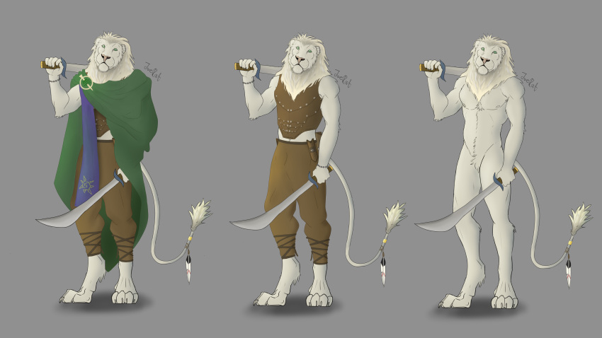 16:9 4k absurd_res cloak clothing felid feline hi_res joerat lion male mammal mane medieval medieval_armor medieval_clothing melee_weapon model_sheet pantherine ranger sfw_nudity solo sword weapon widescreen