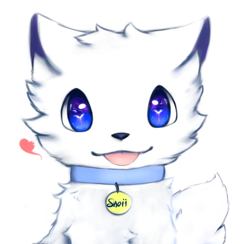 &lt;3 1:1 ambiguous_gender arctic_fox blep blue_eyes blue_sclera canid canine collar detailed_eyes emote feral fluffy fluffy_tail fox fur hi_res looking_at_viewer mammal name_tag simple_background smile snoii_(snoiifoxxo) snoiifoxxo solo text tongue tongue_out tuft white_background white_body white_fur