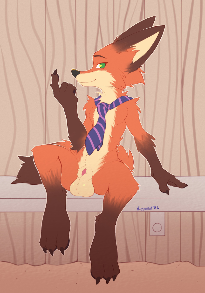 absurd_res animal_genitalia anthro balls beckoning canid canine crombie digital_media_(artwork) disney fox genitals gesture hi_res looking_at_viewer male mammal mostly_nude necktie nick_wilde shaded sheath sitting solo zootopia