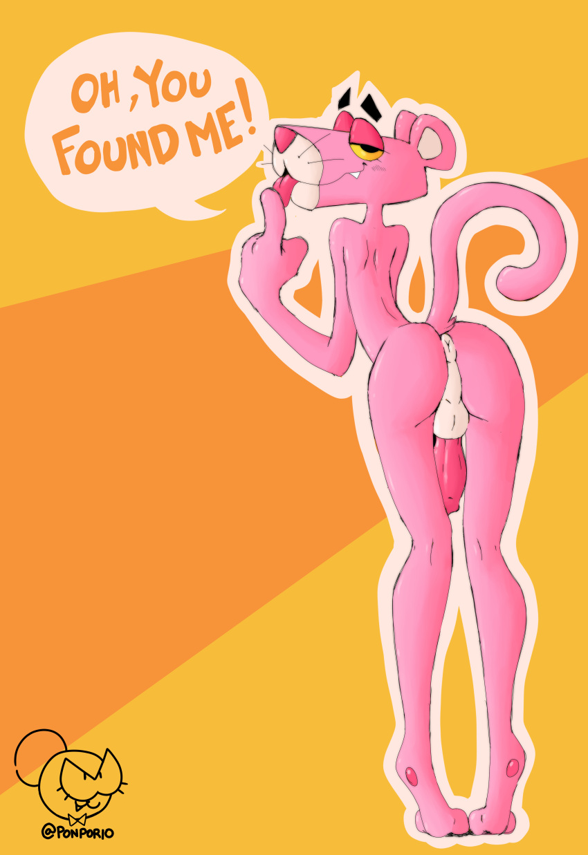 absurd_res animal_genitalia animal_penis anthro bedroom_eyes canine_penis dialogue genitals hi_res invalid_tag male narrowed_eyes penis pink_panther pink_panther_(series) ponporio_(artist) presenting seductive solo