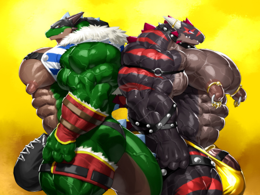 3_fingers 4:3 abs accessory anthro big_muscles big_nipples big_pecs big_penis black_body brown_eyes clothed clothing cock_ring collar countershade_face countershade_neck countershade_tail countershade_torso countershading dark_body digital_media_(artwork) digital_painting_(artwork) dinosaur duo eye_contact facial_markings fangs fingers genitals glistening glistening_arms glistening_body glistening_clothing glistening_legs glistening_tail green_body head_markings hi_res huge_muscles huge_penis hyper hyper_genitalia hyper_muscles hyper_penis ineffective_clothing jewelry kuroma looking_at_another male markings multicolored_body muscular muscular_anthro muscular_male nipple_piercing nipple_ring nipples pecs penis penis_accessory penis_base penis_jewelry piercing portrait purple_eyes red_markings reptile scalie shaded simple_background skimpy spiked_collar spikes standing swimming_trunks swimwear tan_body tan_countershading three-quarter_portrait topless tyramis_(kuroma) vald_(kuroma) vein veiny_muscles yellow_swimming_trunks