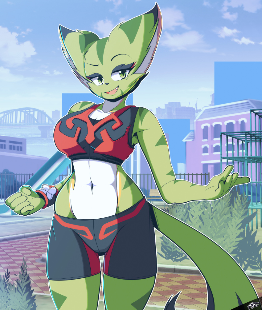 absurd_res anthro bottomwear bra carol_tea city cityscape clothing detailed_background domestic_cat felid feline felis female freakyed freedom_planet freedom_planet_2 hi_res mammal outside pinup pose shorts smile solo underwear video_games wildcat