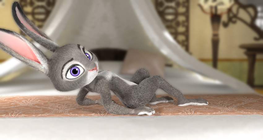 3_toes 3d_(artwork) 4_fingers anthro barefoot bed blurred_background breasts countershading digital_media_(artwork) dipstick_ears disney eyebrows eyelashes feet female fingers flat_chested fur furniture grey_body grey_fur happymilla hi_res judy_hopps lagomorph leaning leaning_back legs_up leporid long_ears looking_at_viewer lying mammal multicolored_body multicolored_ears multicolored_fur multicolored_tail nude on_butt paws pink_nose pinup pose purple_eyes rabbit sitting solo toes two_tone_body two_tone_fur white_body white_fur zootopia