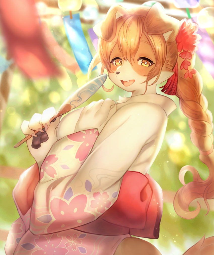 2021 4_fingers anthro asian_clothing big_breasts blurred_background braided_hair breasts brown_body brown_fur brown_hair brown_nose canid canine canis claws clothed clothing cute_fangs domestic_dog east_asian_clothing female finger_claws fingers floppy_ears fur hair hi_res japanese_clothing kemono kimono looking_at_viewer mammal multicolored_body multicolored_fur nalu_ame021 open_mouth open_smile paper_fan pawpads ponytail smile solo tongue two_tone_body two_tone_fur white_body white_fur yellow_eyes