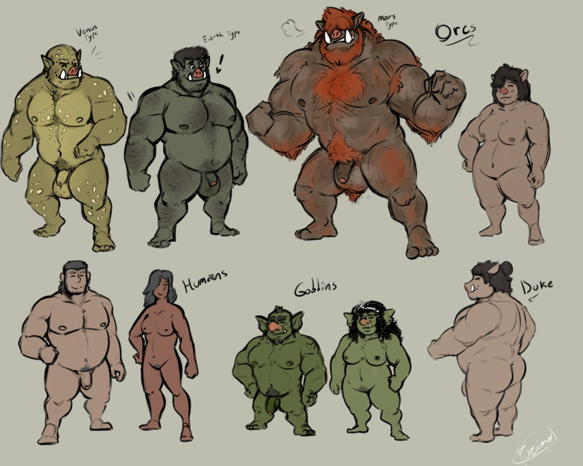 2021 5:4 balls belly black_hair breasts brown_body butt female flaccid genitals green_body group hair hi_res human humanoid male mammal moobs nipples orc overweight overweight_male penis pure_command simple_background