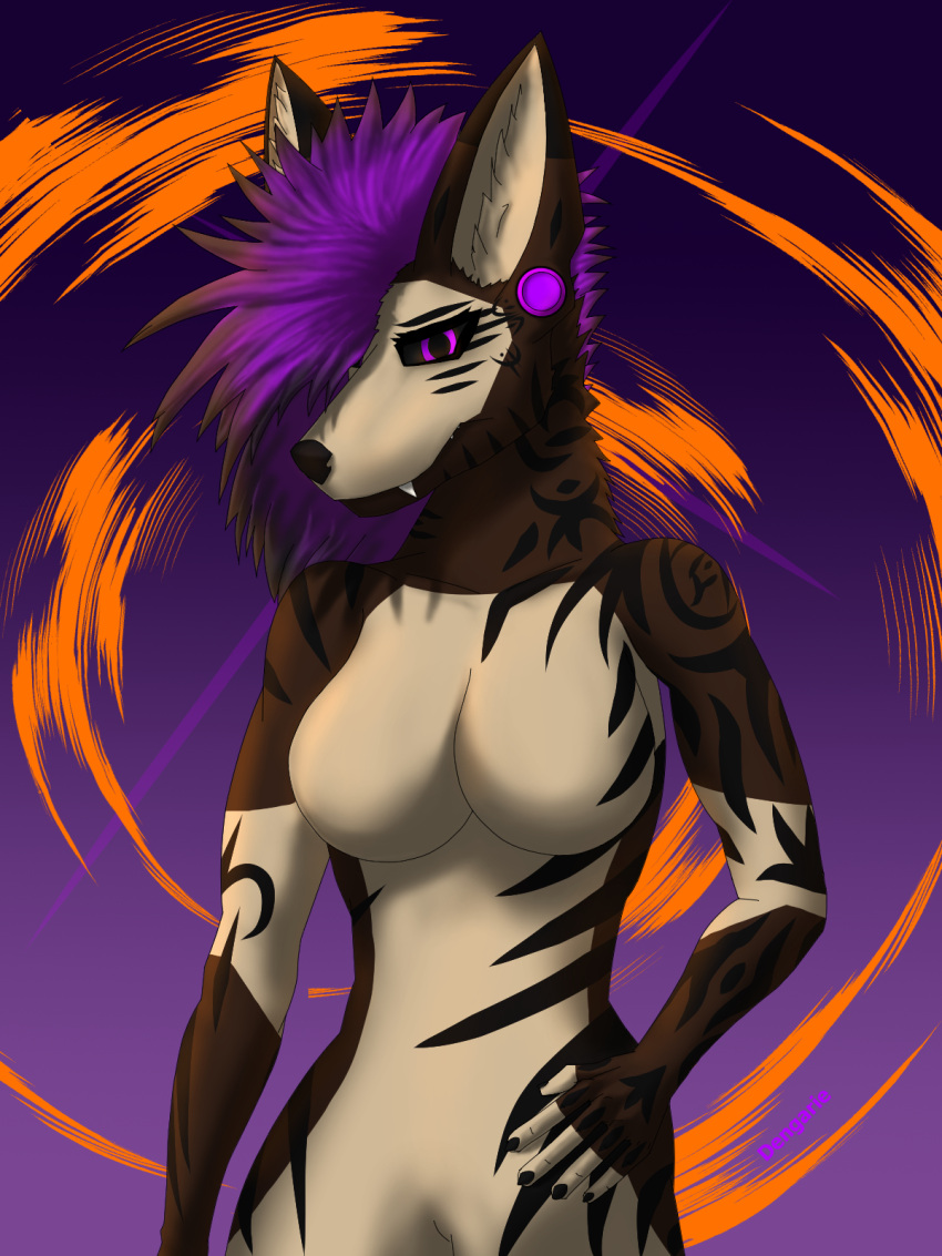 3:4 arm_tattoo belly_tattoo black_sclera black_tattoo breasts brown_body brown_fur canid canine canis chest_tattoo coyote dengarie facial_tattoo fangs female fur hair herm_(lore) hi_res hybrid leg_tattoo mammal nude piercing purple_eyes purple_hair ruins sarah_dengarie simple_background snaggle_tooth solo spirit tan_body tan_fur tattoo