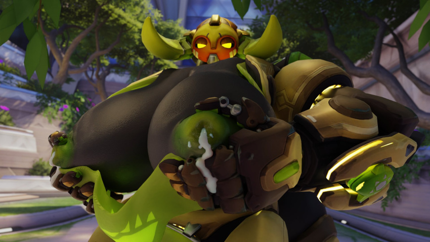 16:9 areola big_breasts big_nipples blizzard_entertainment bodily_fluids breast_milking breasts female hi_res horn huge_breasts lactating machine milk nipples omnic orisa_(overwatch) overwatch robot self_milking snips456fur solo taur video_games widescreen