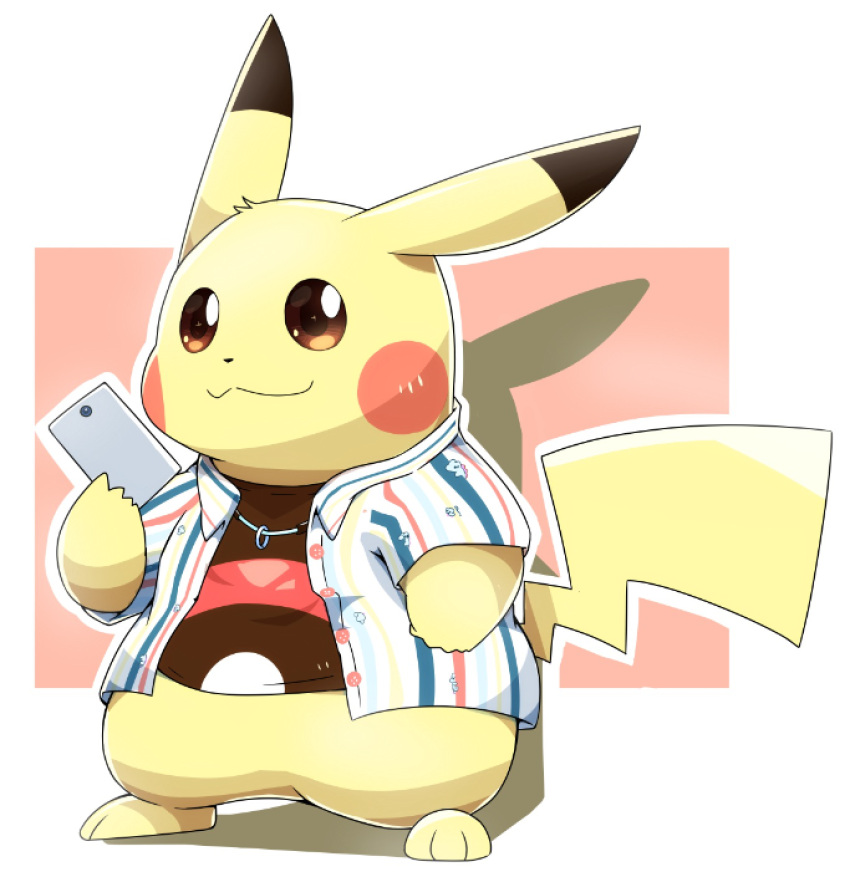 2020 3_toes ambiguous_gender bottomless clothed clothing dipstick_ears feet fur hi_res holding_object jewelry multicolored_ears necklace nintendo pikachu pok&eacute;mon pok&eacute;mon_(species) semi-anthro shirt smile solo tatu_wani_(artist) toes topwear video_games yellow_body yellow_fur