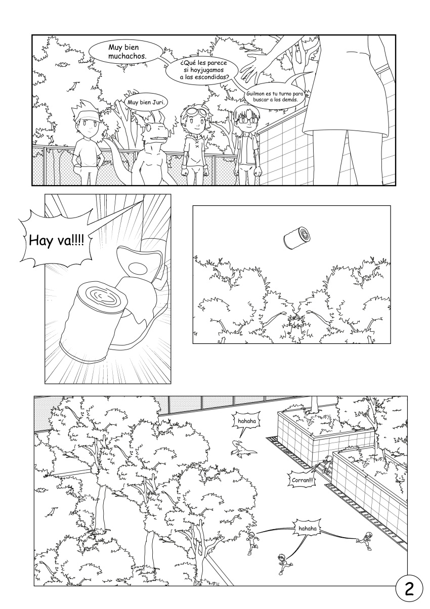 absurd_res ambiguous_gender bandai_namco black_and_white clothed clothing comic detailed_background digimon digimon_(species) female group guilmon hector21314 henry_wong hi_res human laugh male mammal monochrome outside park plant reptile scalie spanish_text taichi_kamiya text translated tree young