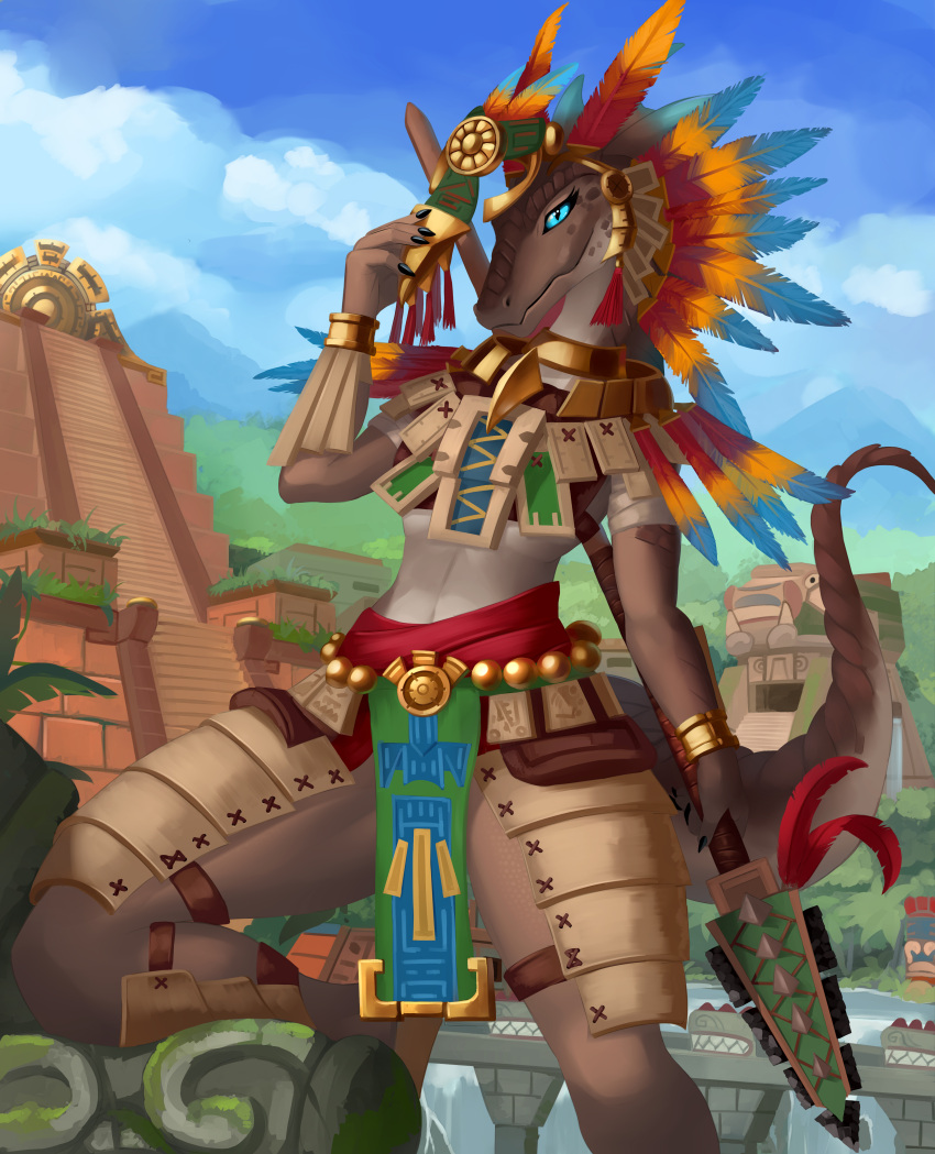 absurd_res anthro armor aztec big_tail blue_eyes bracelet brown_body brown_scales claws cloud feathers female gold_(metal) hi_res jewelry jungle kneeling lizard looking_at_viewer luthri_(scidragon) mask melee_weapon merrunz midriff polearm reptile scales scalie sky solo spear standing temple weapon