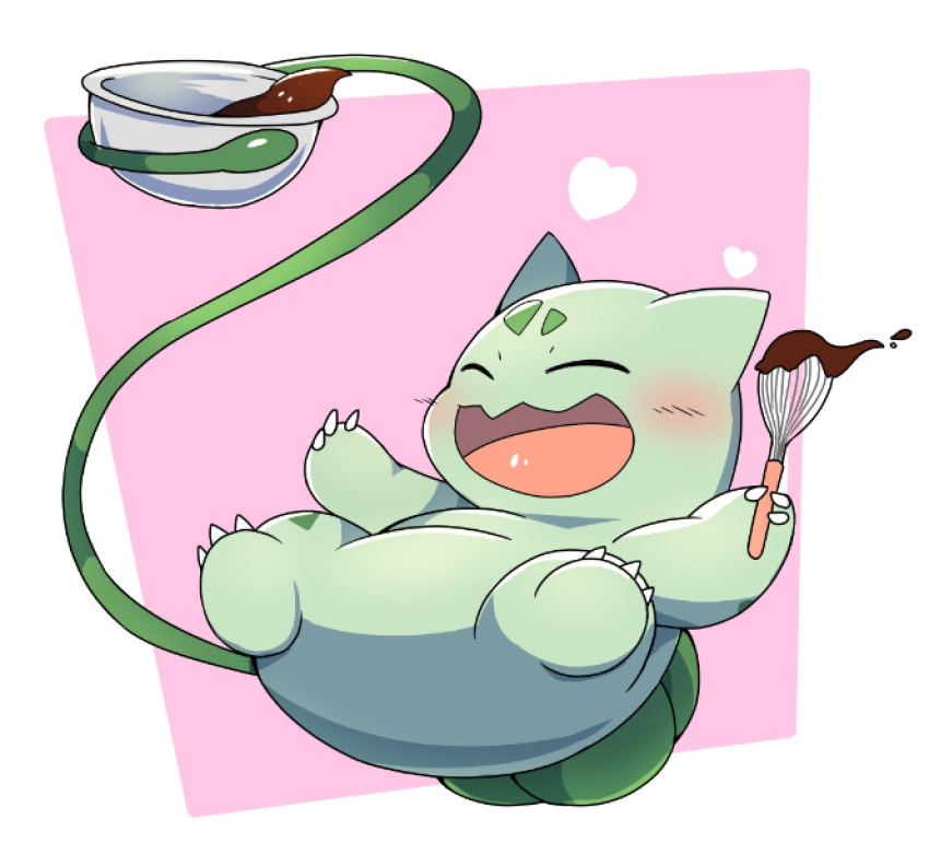 &lt;3 2020 ambiguous_gender blush bulbasaur candy chocolate claws dessert eyes_closed feral food green_body hi_res holding_object nintendo open_mouth open_smile pok&eacute;mon pok&eacute;mon_(species) smile solo tatu_wani_(artist) tongue video_games