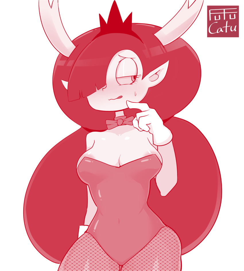 absurd_res bodily_fluids bow_tie bunny_costume clothing costume demon disney embarrassed female fishnet fishnet_legwear fufucatu gloves handwear hekapoo hi_res humanoid humanoid_pointy_ears legwear leotard monochrome nipple_slip not_furry simple_background solo star_vs._the_forces_of_evil sweat white_background