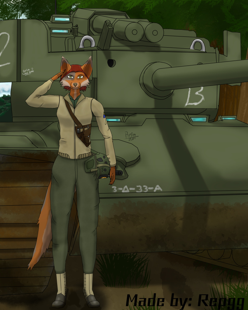 4:5 absurd_res anthro canid canine clothing fan_character female forest fox hi_res humanoid mammal military plant repgg solo tank tree uniform vehicle
