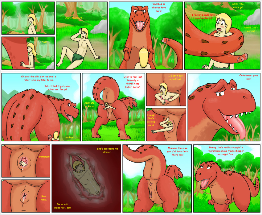 anal anal_vore anus black_eyes bodily_fluids brown_eyes coiled_tail comic cum dinosaur disney duo ejaculation english_text erection feet_first female female_pred feral feral_pred forest genital_fluids genitals hi_res human human_prey internal larger_female larger_feral larger_pred livinlovindude male male/female male_prey mammal orange_body orange_skin penis pixar plant pussy ramsey_(tgd) reptile saliva_on_anus scalie size_difference smaller_human smaller_male text the_good_dinosaur theropod tongue tongue_out tree tyrannosaurid tyrannosaurus tyrannosaurus_rex vore