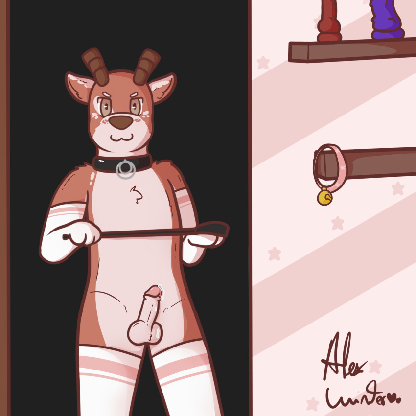 1:1 alex_winter alex_winter_(artist) anthro antlers armwear balls bell bell_collar bodily_fluids cervid clothing collar digital_media_(artwork) dildo dominant dominant_anthro dominant_male elbow_gloves erection fur genital_fluids genitals girly gloves handwear hi_res horn legwear looking_at_viewer male mammal messy nude paws penis precum scut_tail sex_toy smile smug smug_face smug_grin solo stockings thigh_highs vein veiny_penis whip