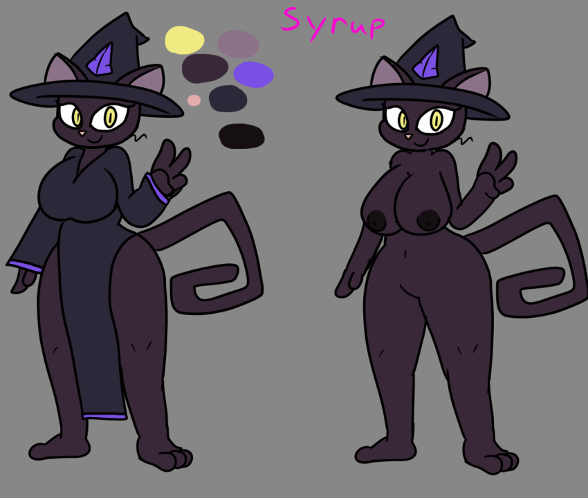 anthro black_body black_fur breasts clothing dezmine21 domestic_cat felid feline felis female fur hat headgear headwear magic_user mammal model_sheet off/on robe solo syrup_(dezmine21) witch witch_hat yellow_eyes