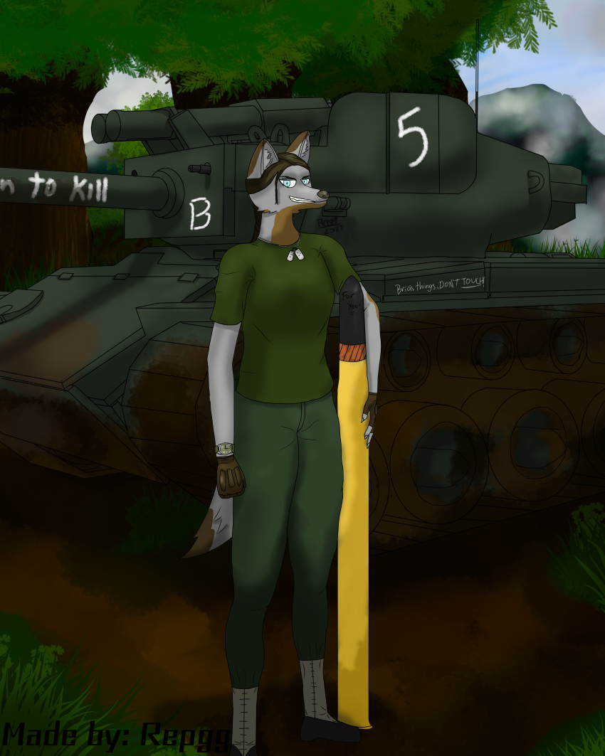 4:5 absurd_res anthro canid canine canis clothing female forest hi_res humanoid mammal military military_uniform military_vehicle plant repgg solo tank tree uniform vehicle wolf