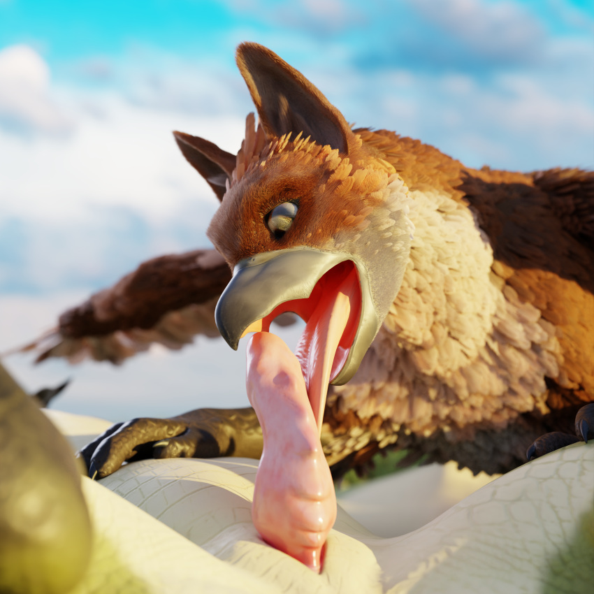 1:1 3d_(artwork) absurd_res ascaniololololol avian beak digital_media_(artwork) dragon duo erection feathered_wings feathers female feral fingers fur genitals gryphon gryphon_(untied_verbeger) hi_res limp lying male male/female mythological_avian mythology nude open_mouth penis scalie sex slit tongue unconscious wings