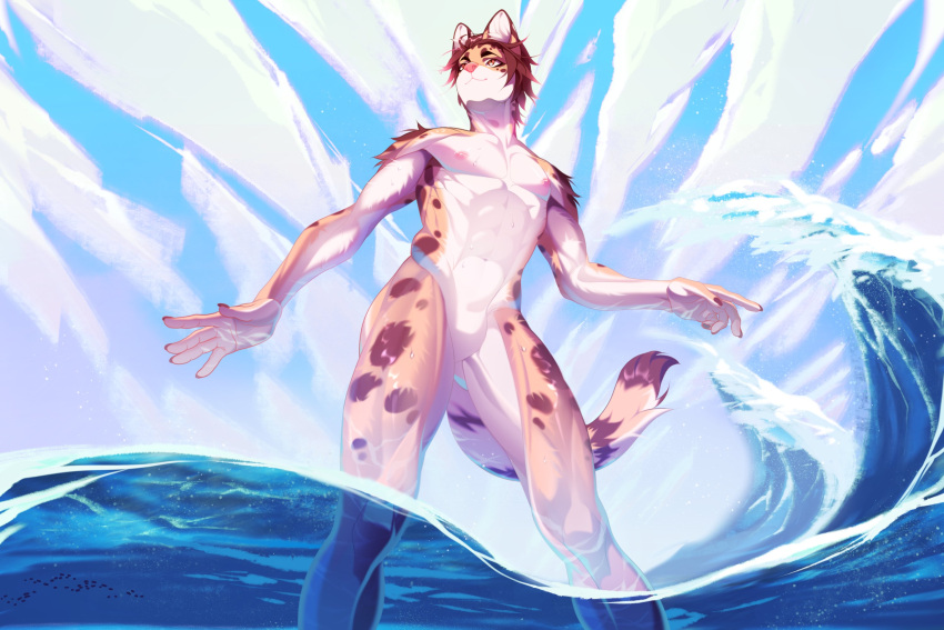 3:2 abs anthro beach biceps clothed clothing cloud digital_media_(artwork) felid feline fur grin hi_res male mammal muscular muscular_anthro muscular_male nipples nude outside rokito sea seaside serval shaded sitting sky smile solo water wave