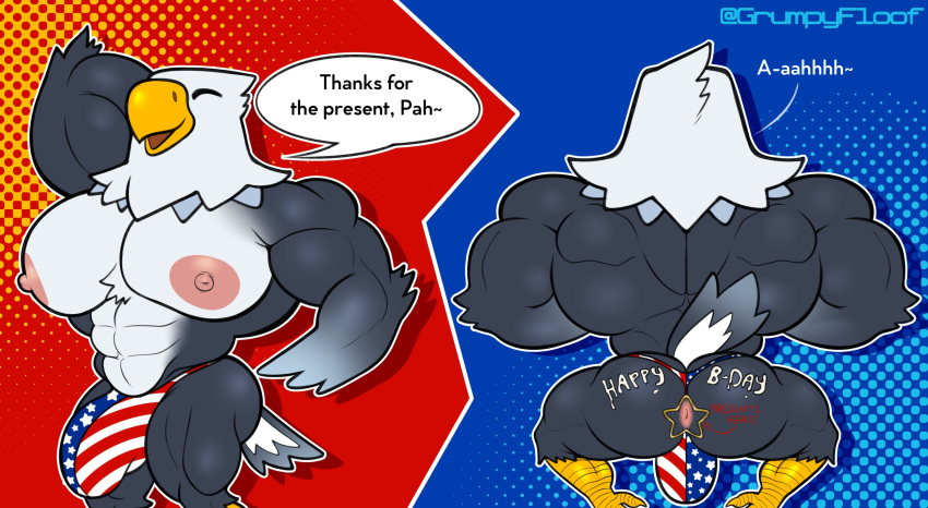 2021 abs abstract_background accipitrid accipitriform animal_crossing anthro anus apollo_(animal_crossing) avian back_muscles bald_eagle barazoku beak big_bulge big_muscles big_pecs bird birthday body_writing bulge butt clothing detailed_bulge dialogue eagle english_text eyes_closed genital_outline grumpyfloof hi_res huge_bulge male muscular muscular_anthro muscular_male nintendo nipples pecs penis_outline rear_view sea_eagle simple_background smile solo standing talking_to_viewer text thong underwear united_states_of_america url video_games