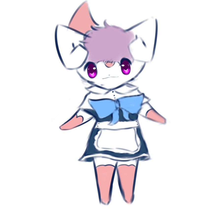 1:1 anthro bow_(disambiguation) clothing female fluffy fur hi_res looking_at_viewer maid_uniform mammal markings_(fur) meowstic multicolored_body nintendo pink_body pink_fur pok&eacute;mon pok&eacute;mon_(species) purple_eyes purple_sclera simple_background smile snoiifoxxo solo tuft uniform video_games white_background white_body white_fur