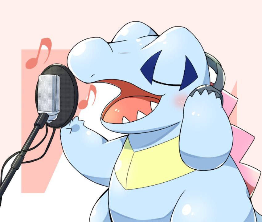 2020 ambiguous_gender blue_body blush crocodilian eyes_closed headphones hi_res microphone musical_note nintendo open_mouth pok&eacute;mon pok&eacute;mon_(species) reptile scalie solo tatu_wani_(artist) teeth tongue totodile video_games