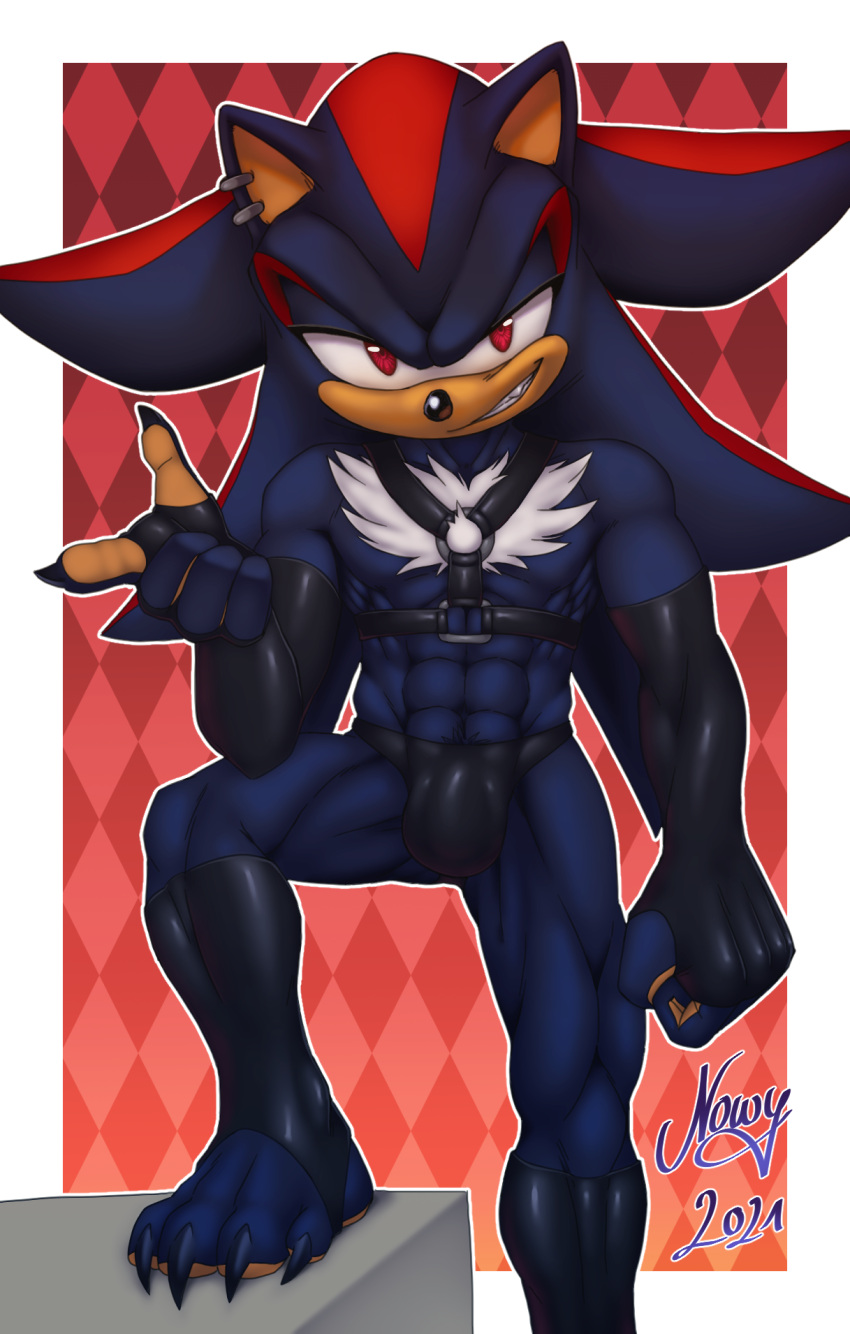 4_toes abs anthro armwear barefoot bulge claws clothing ear_piercing elbow_gloves eulipotyphlan feet fingerless_gloves gloves handwear harness hedgehog hi_res male mammal muscular muscular_male nowykowski7 piercing pubes sega shadow_the_hedgehog solo sonic_the_hedgehog_(series) toe_claws toes
