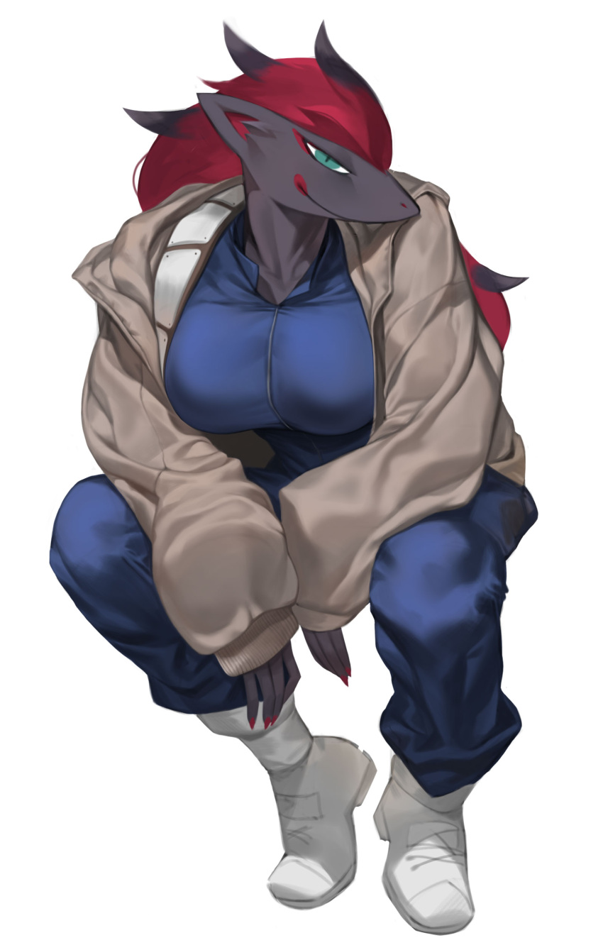 absurd_res anthro anthrofied big_breasts breasts canid canine clothed clothing female fingers fur hair hi_res looking_at_viewer mammal nintendo owlfkz pok&eacute;mon pok&eacute;mon_(species) pok&eacute;morph simple_background smile solo video_games zoroark