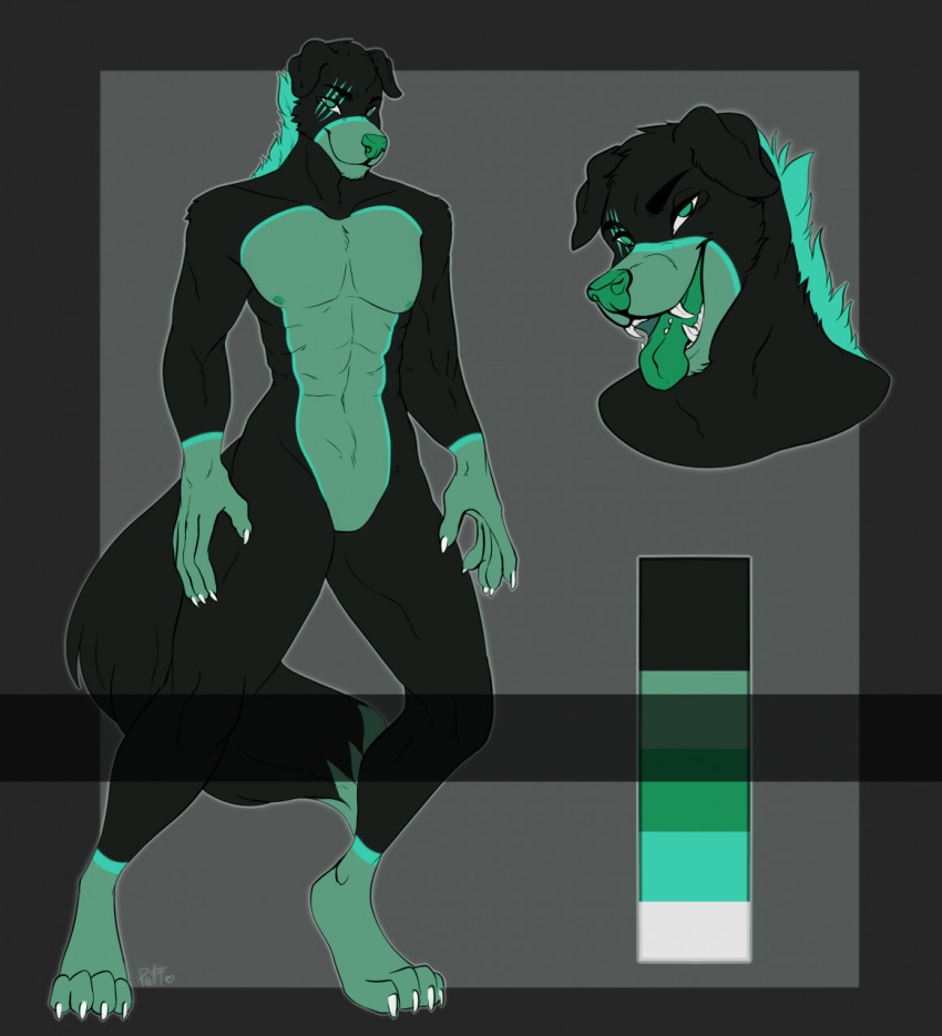 2021 anthro black_body black_fur canid canine canis digital_media_(artwork) domestic_dog fur green_body green_eyes green_fur green_nose green_tongue hi_res kristiana_puff male mammal open_mouth smile solo teeth tongue