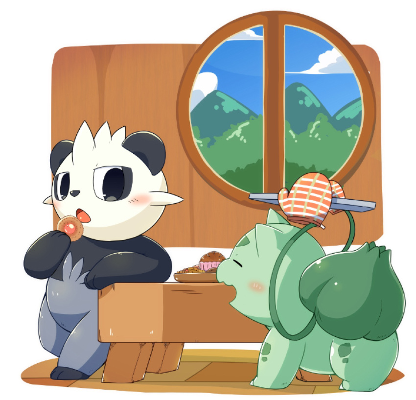 2020 ambiguous_gender anthro bulbasaur cupcake day duo feral food furniture hi_res nintendo open_mouth pancham pok&eacute;mon pok&eacute;mon_(species) table tatu_wani_(artist) video_games window