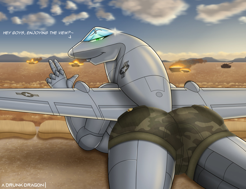 a-10 a_drunk_dragon air_force aircraft bottomwear breasts camo clothing dialogue english_text explosion female green_eyes hi_res living_aircraft living_machine living_vehicle looking_at_viewer looking_back looking_back_at_viewer machine shorts solo tank text vehicle