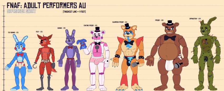 absurd_res animatronic anthro balls big_bulge bonnie_(fnaf) briefs bulge bulge_size_difference bulkybun canid canine chart clothed clothing english_text five_nights_at_freddy's five_nights_at_freddy's:_security_breach five_nights_at_freddy's_2 five_nights_at_freddy's_3 fox foxy_(fnaf) freddy_(fnaf) funtime_freddy_(fnafsl) fur genitals glamrock_freddy_(fnaf) group height_chart hi_res huge_bulge jockstrap lagomorph legwear leporid machine male mammal metal model_sheet muscular muscular_anthro muscular_male nude open_mouth overweight overweight_male partially_clothed rabbit robot sister_location slightly_chubby slim smile speedo springtrap_(fnaf) swimwear text thick_thighs tights toy_bonnie_(fnaf) trans_(lore) trans_man_(lore) underwear ursid video_games