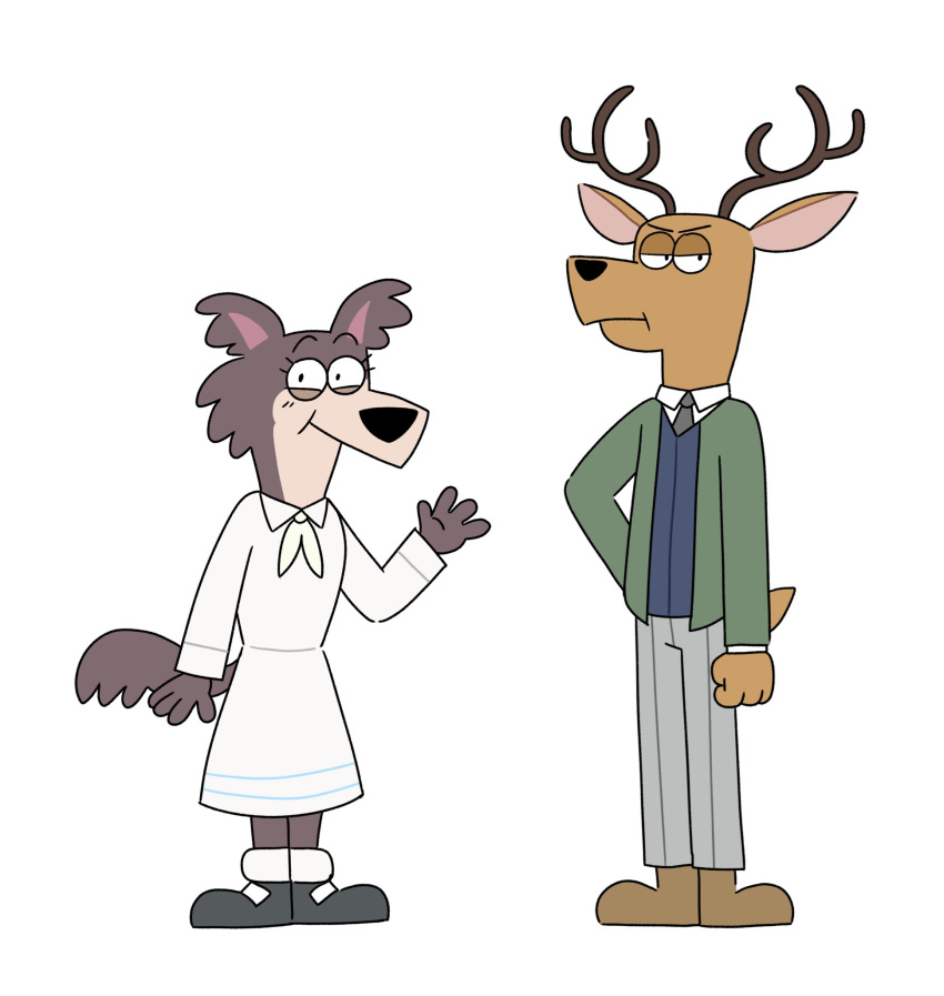 2021 anthro antlers beastars black_zork bottomwear canid canine canis cervid cervine clothed clothing dress duo female fully_clothed gesture green_clothing green_jacket green_topwear grey_bottomwear grey_clothing grey_pants hi_res horn jacket jellystone_(hbo_max) juno_(beastars) looking_at_viewer louis_(beastars) male mammal pants red_deer school_uniform simple_background smile standing style_parody topwear uniform waving white_background white_clothing white_dress wolf