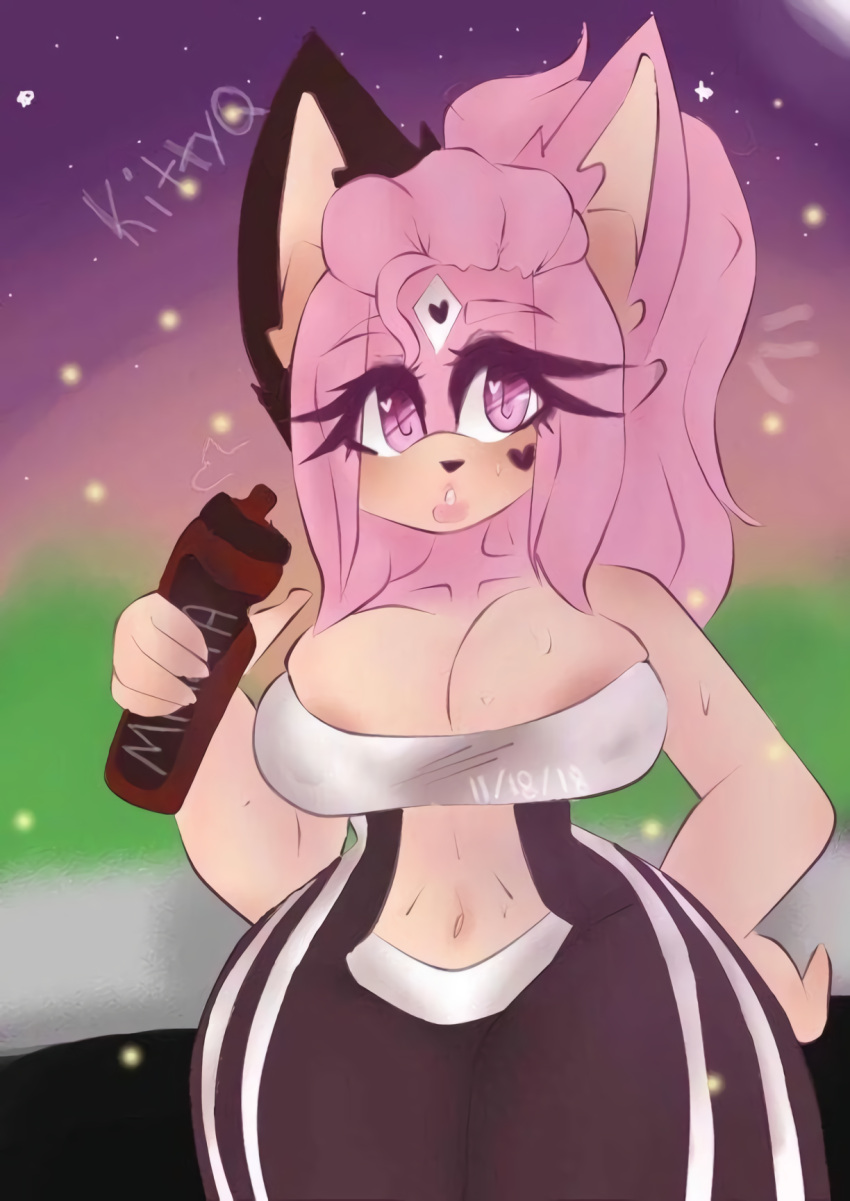 anthro big_breasts breasts cleavage clothed clothing fan_character female fur hair hi_res kittyq maria_rose_(kittyq) pink_body pink_eyes pink_fur pink_hair sega solo sonic_the_hedgehog_(series) thick_thighs water_bottle wide_hips