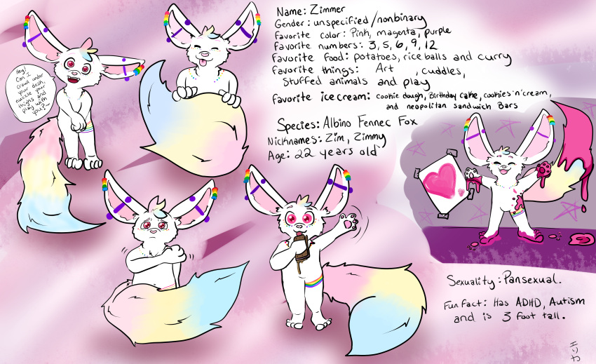 absurd_res ambiguous_gender anthro canid canine english_text fennec fluffy fluffy_tail food fox hi_res invalid_tag lgbt_pride mammal model_sheet nonbinary_(lore) paint pansexual_pride_colors piercing pride_color_accessory pride_color_fur pride_colors pyroashes rainbow_flag rainbow_piercings rainbow_pride_flag rainbow_symbol signature six-stripe_rainbow_pride_colors solo speech_bubble text zimmer_(pyroashes)